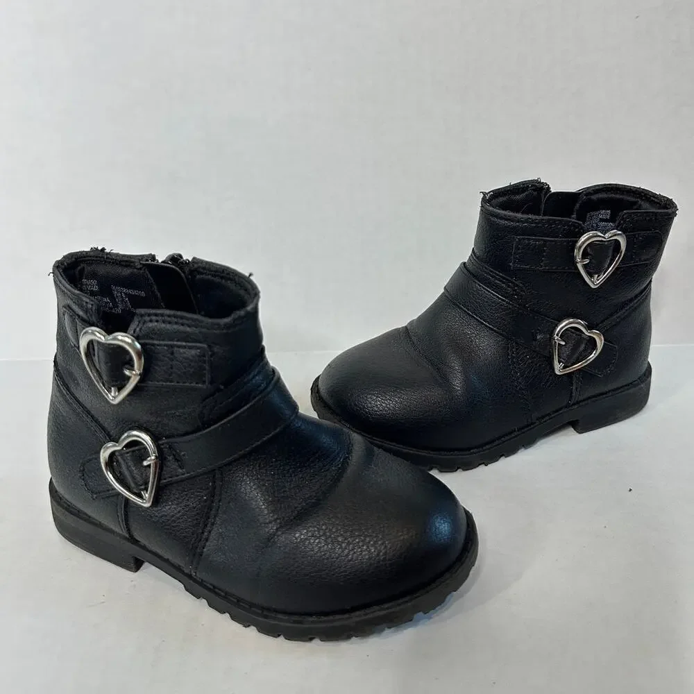 Black Silver Size 8 Kids Girls Lil Natalie Heart Buckled Moto Ankle Boot Bootie